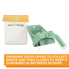Neater Scooper XL bag dispenser image highlights lavender bags for easy bagging and odor control.