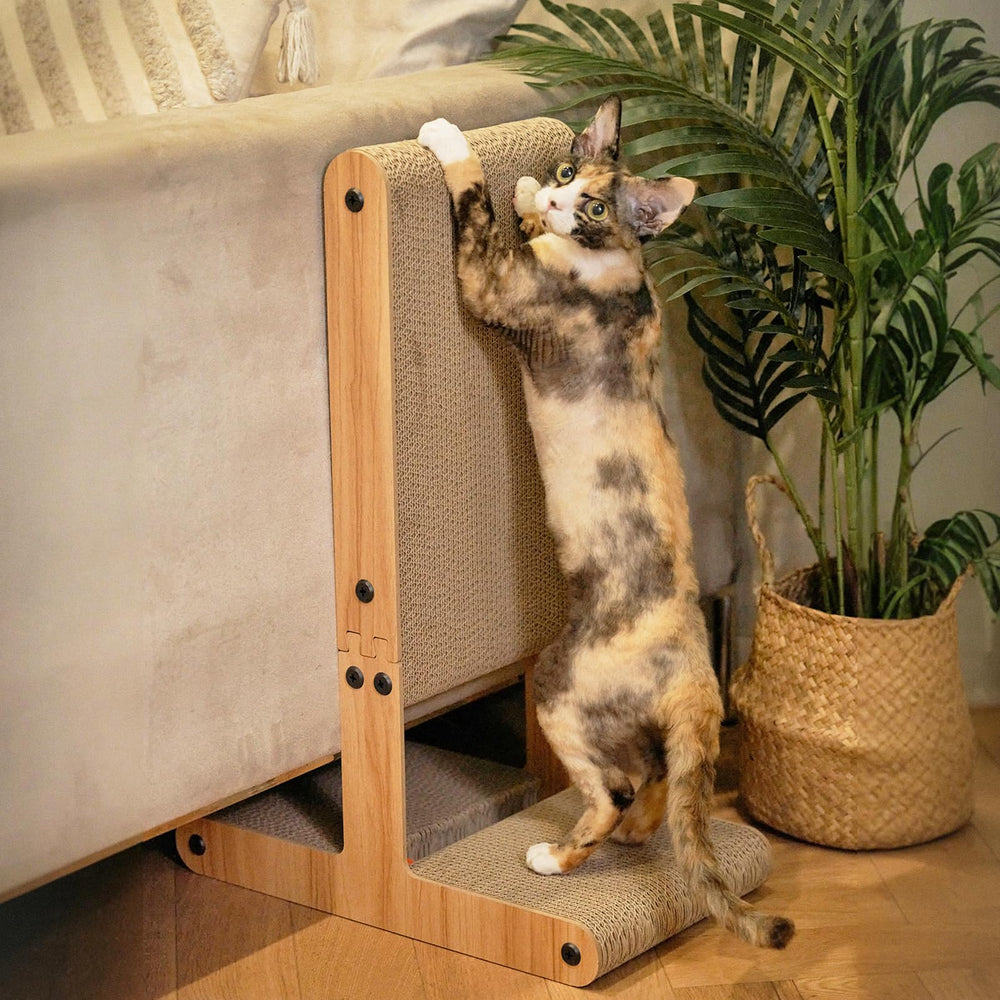 Nekosan T-Shaped Scratcher horizontal use for full-body stretch and scratching.