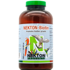 Nekton Biotin bottle closeup showing fruit-based formula for feather quality.