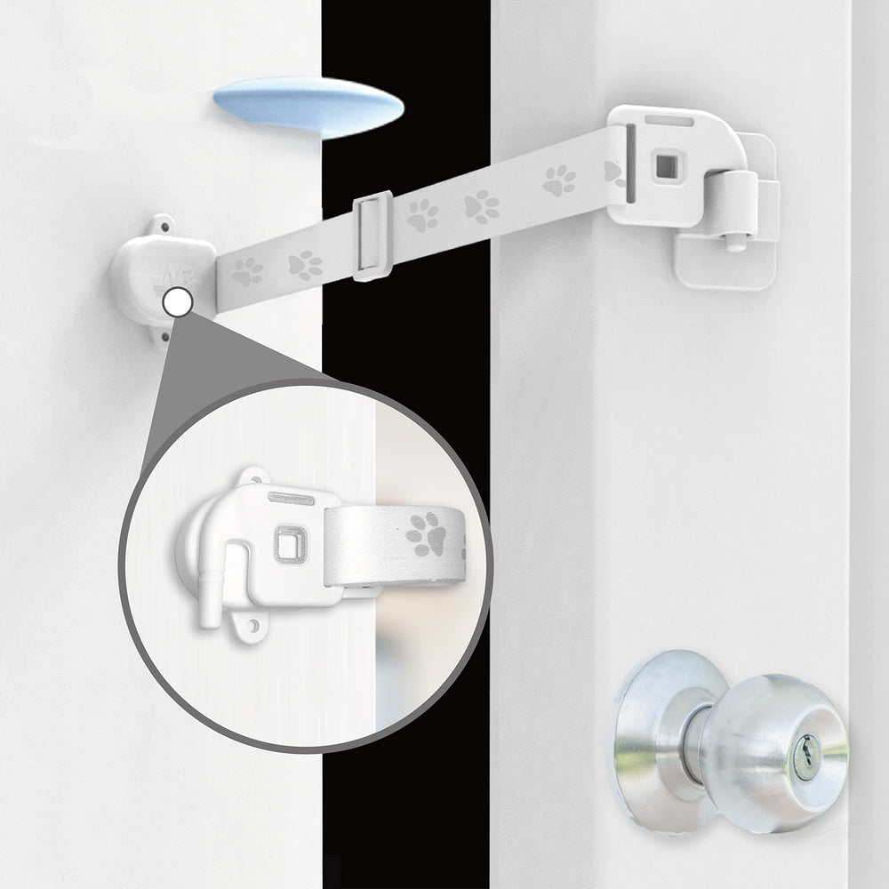 Neobay adjustable door strap and latch on doorway enabling cat privacy and dog prevention.