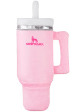 Nestpark Tumbler Cup Funny Dog Toy pink dusk closeup highlights durable plush and crinkle squeak