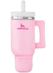 Nestpark Tumbler Cup Funny Dog Toy pink dusk closeup highlights durable plush and crinkle squeak