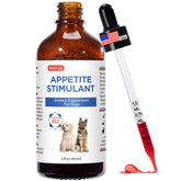 Netrca Appetite Stimulant bottle label shows B12 support for appetite and energy.
