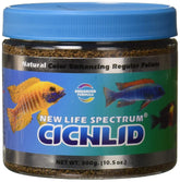 New Life Spectrum Cichlid 300g Naturox bottle top view highlights natural nutrition