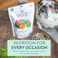 WOOF freeze-dried goat bag back view showing NZ sourcing.