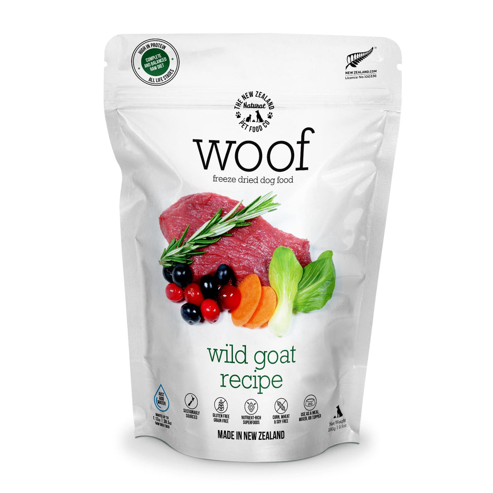 WOOF wild goat freeze dried bag open, convenient meal topper.