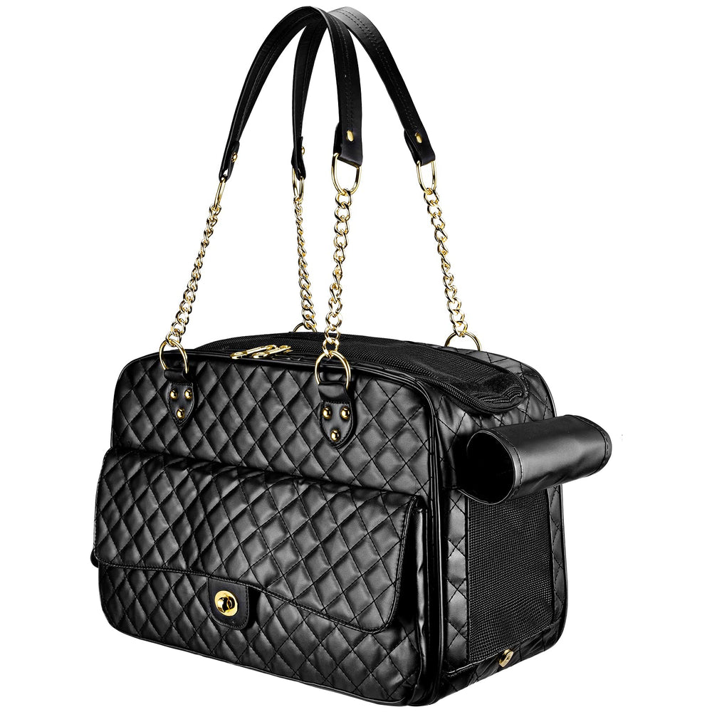 NewEle dog purse small black front view showcases sleek PU leather for stylish travel.