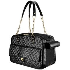 NewEle dog purse small black front view showcases sleek PU leather for stylish travel.