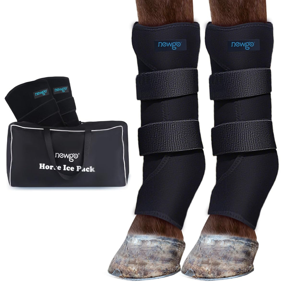 NEWGO horse ice pack wrap shows 3D contour for precise leg cooling.