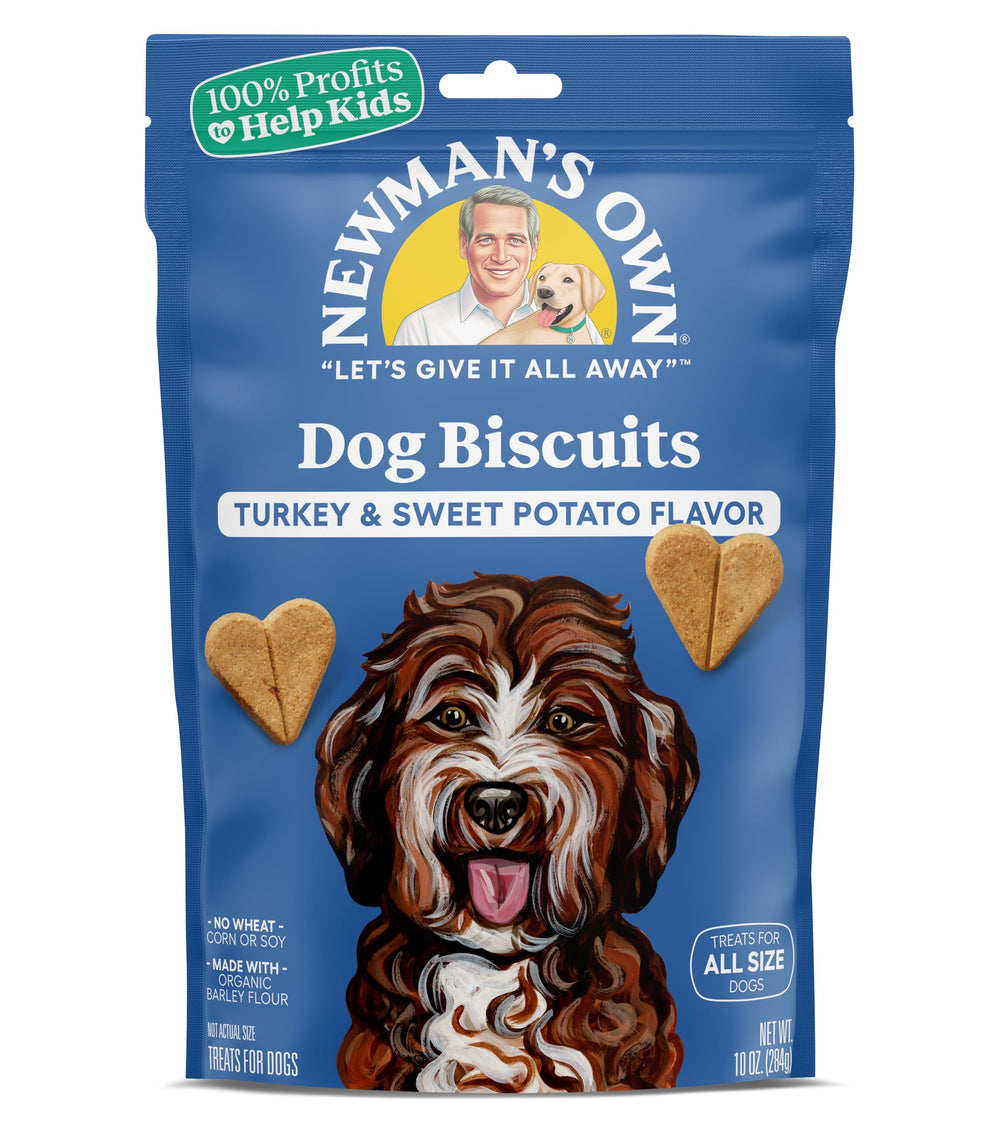 Newman's Own turkey-sweet-potato dog biscuits packfront for rewarding training moments