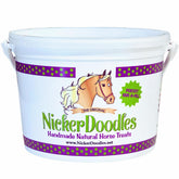 NickerDoodles Horse Treats 5lb pail on shelf, easy medication time solution.