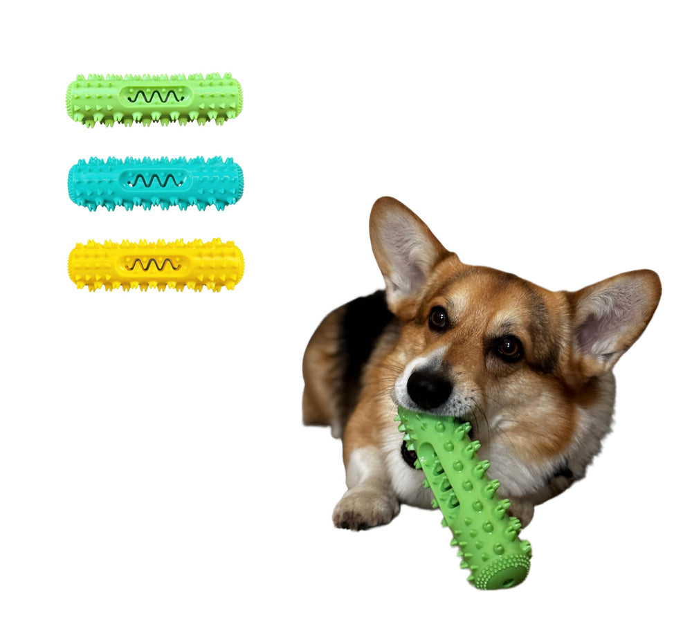 Nikki and Max toothpaste-reservoir side-hole chew toy enables convenient brushing sessions