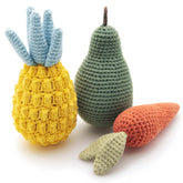 Nina Woof organic cotton toy pack with fruit designs promoting safe chewing and teething relief.