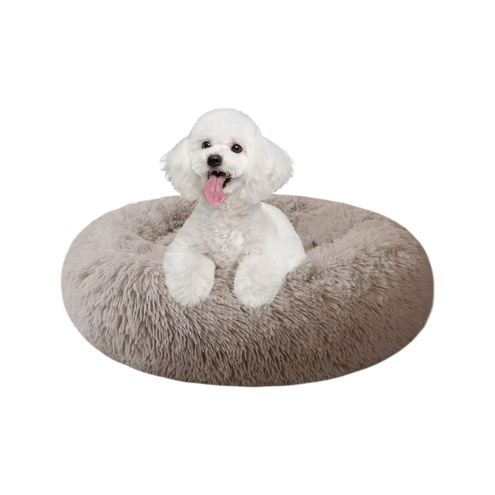 Nisrada 20-inch round dog bed front view showcases secure donut design for calm, cozy naps.