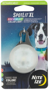 Nite Ize SpotLit XL collar light clip on a dog collar for nighttime visibility