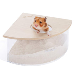 Niteangel sand-bath box triangle front view demonstrates space-saving corner placement for small habitats