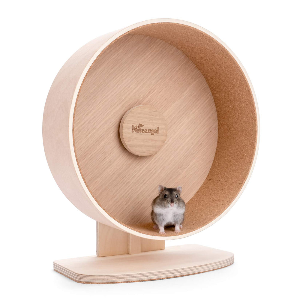 Niteangel Wooden Hamster Exercise Wheel full view shows sturdy back-friendly design for small pets