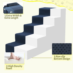 Niubya dog stairs navy 5-steps close-up of high-density foam for comfort.