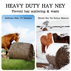 NizHome round bale hay net installed in stable shows tidy feeding area.