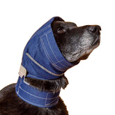 No Flap Ear Wrap Denim Small front view showing secure fit for active dogs.