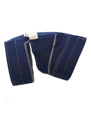 No Flap Ear Wrap Denim Small in-use image highlights ear accessibility and sleeping comfort.