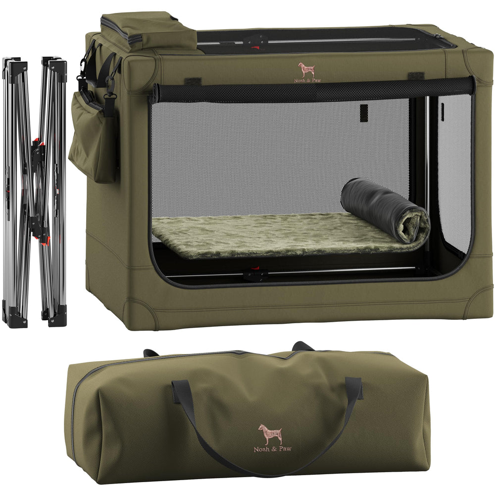 Noah & Paw collapsible crate folding mechanism enables fast setup for busy owners.