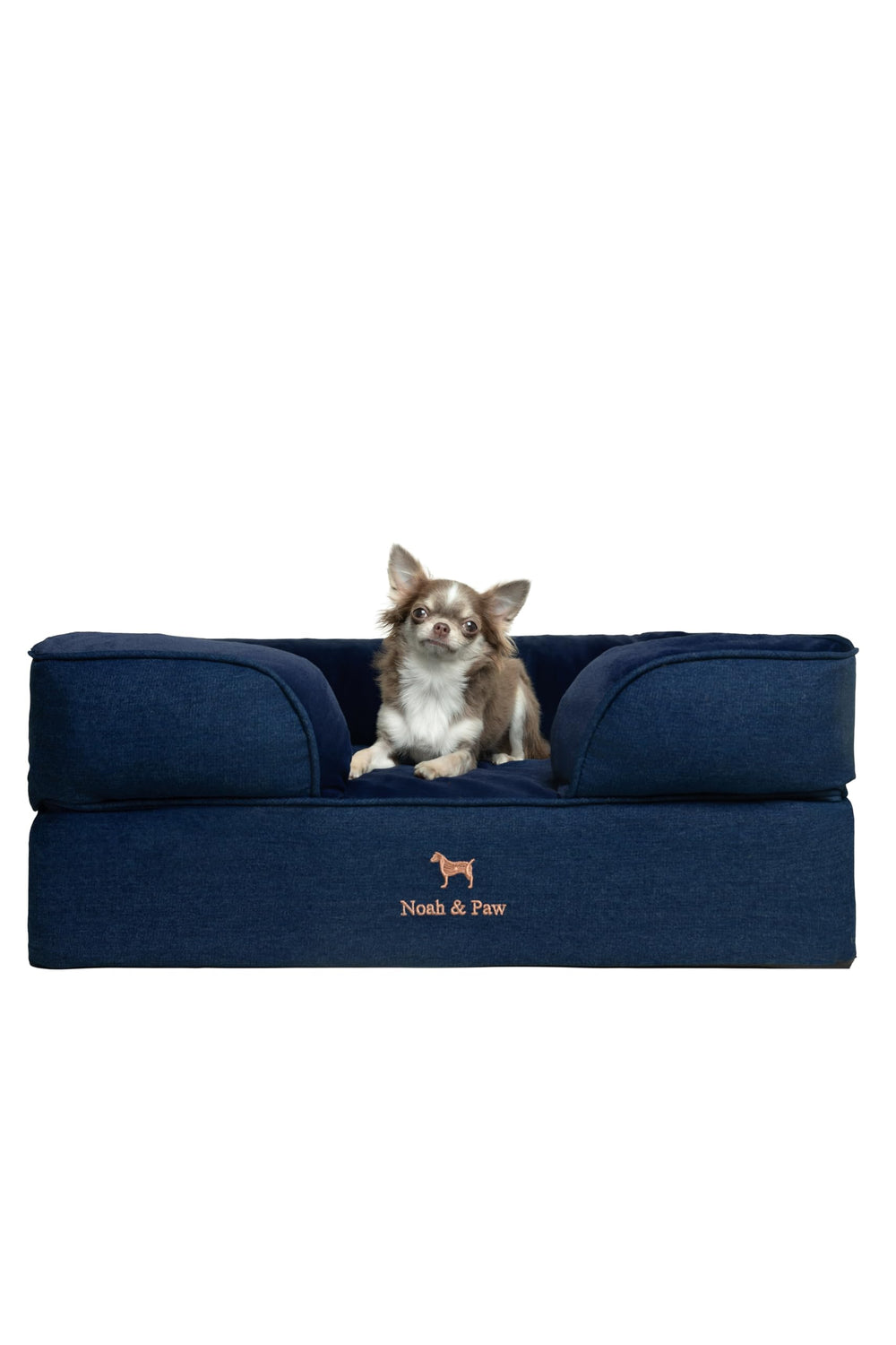 NOAH & PAW denim dog bed front view with supportive raised surface for pets