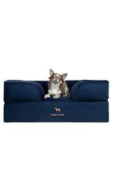 NOAH & PAW denim dog bed front view with supportive raised surface for pets