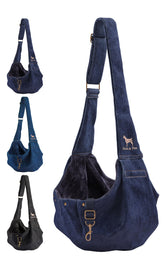 NOAH & PAW denim front view dog sling for hands-free small-dog travel