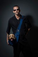 NOAH & PAW dog sling denim side view highlights adjustable strap