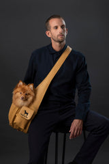 Noah & Paw dog sling vegan leather lining provides luxurious comfort on city strolls.