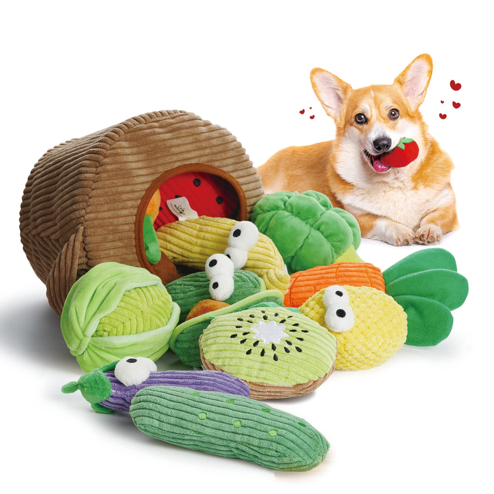 Nocciola fruits and veggies dog toys in a grocery basket for interactive play.