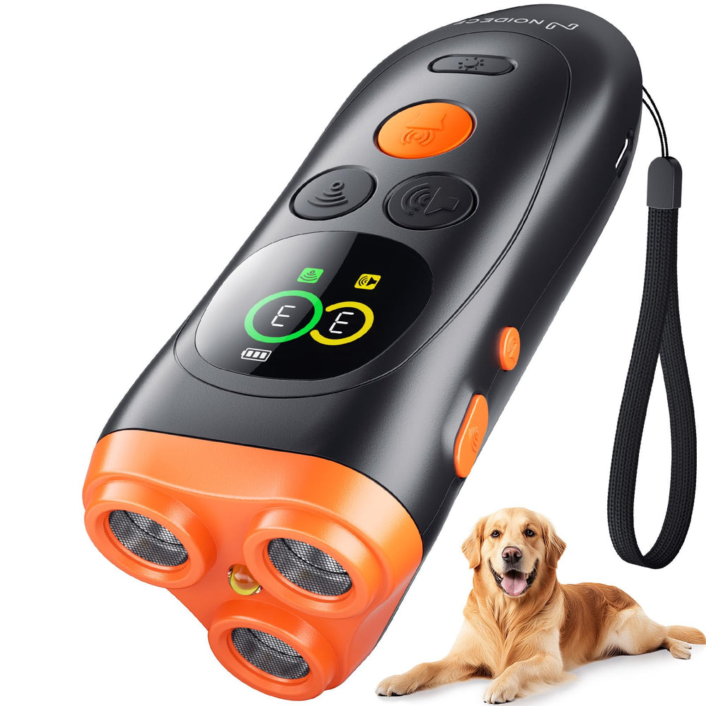 NOIDECE bark deterrent device front view with 3x ultrasonic emitters for humane bark control