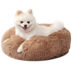 Nononfish small puppy bed round 19in camel provides cozy burrow-style comfort for small dogs.