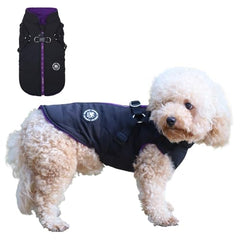 Norbi dog winter coat harness front view shows all-in-one warmth and quick gear-up