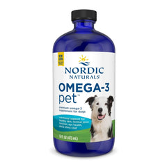 Nordic Naturals Omega-3 Pet bottle pour demonstrates easy dosing to support a dog's heart and coat health.