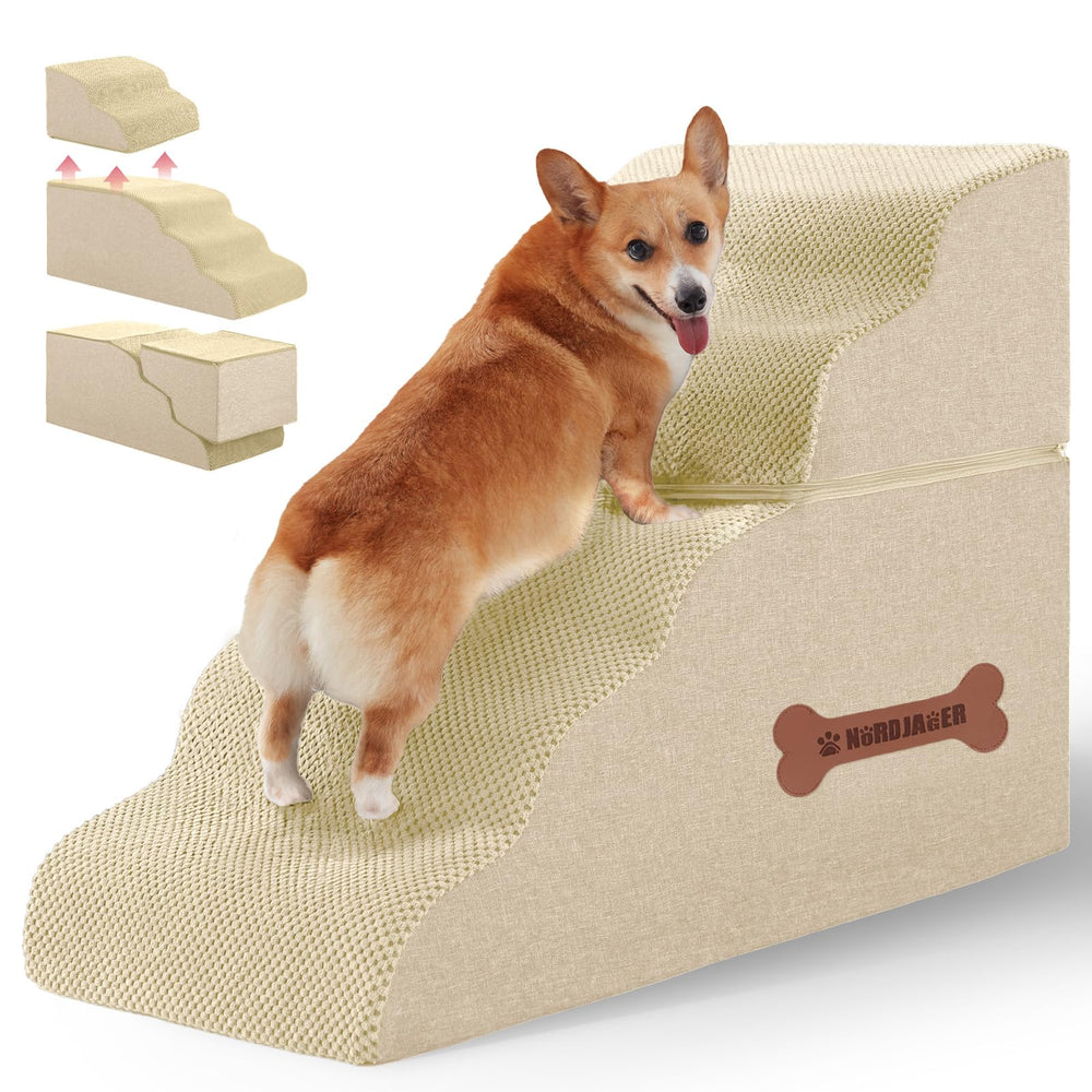 Nordjager 5-Step Spliceable Pet Stairs on bed provide safe, convenient high-surface access.