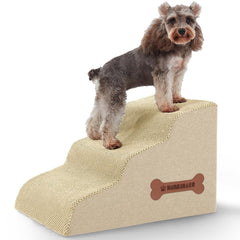 Nordjager Dog Stairs 3-Step beige front angle aids easy bed access for small dogs.