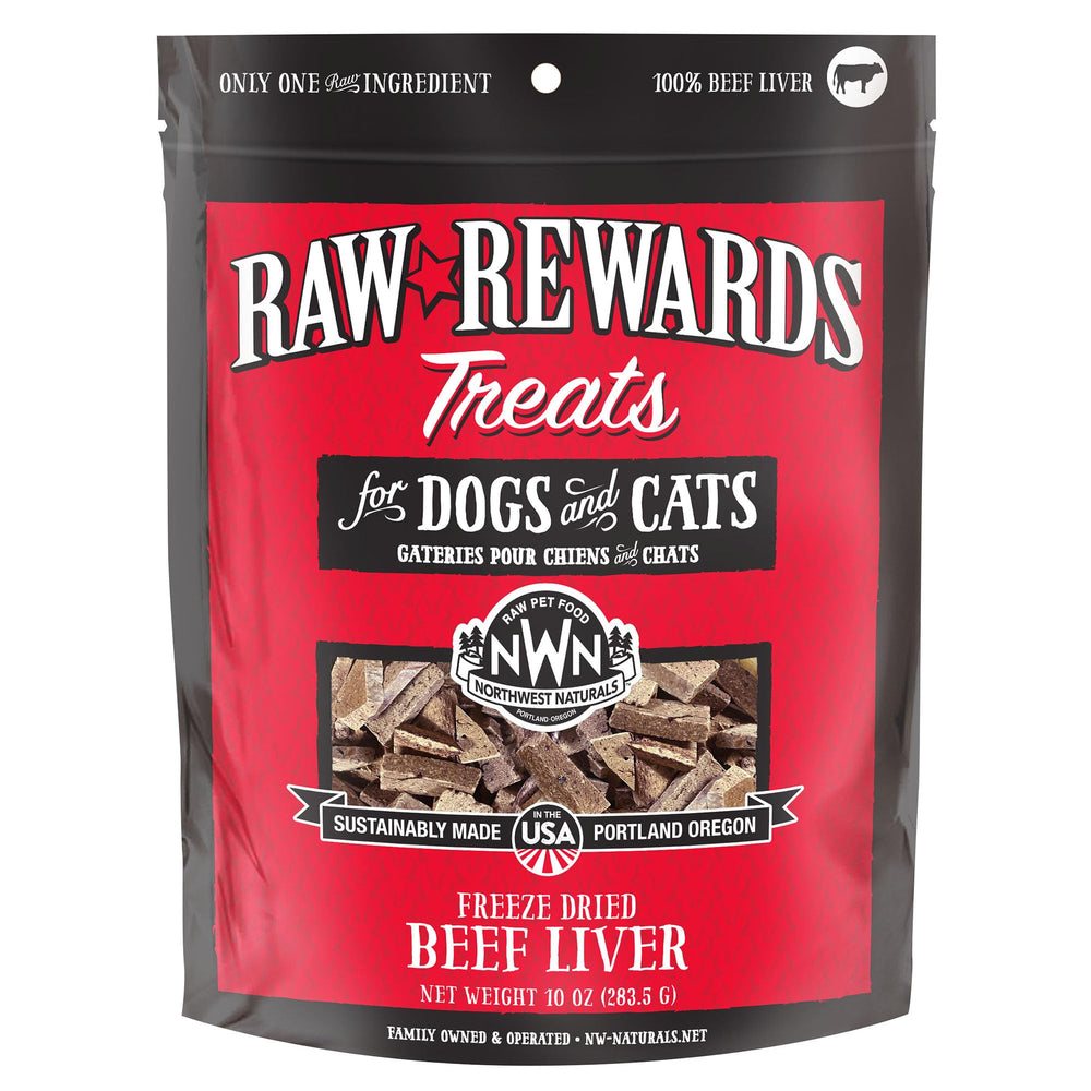 Northwest Naturals freeze-dried beef liver treats in bite-sized pieces for dogs and cats; tasty rewards.