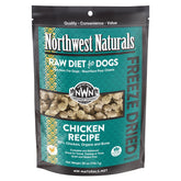 Northwest Naturals freeze-dried chicken nuggets packaging highlights USA-made quality and convenient storage.