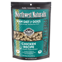 Northwest Naturals freeze-dried chicken nuggets packaging highlights USA-made quality and convenient storage.