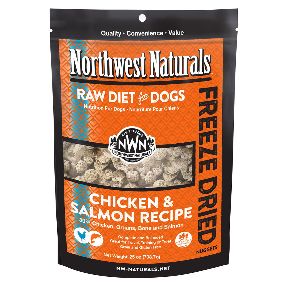 Northwest Naturals freeze-dried chicken-salmon nuggets in bowl, savory meal boost.