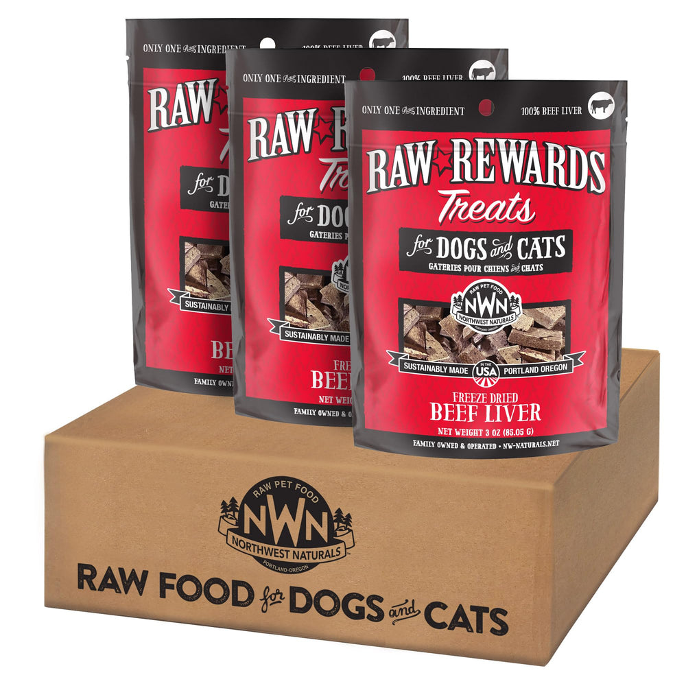 Northwest Naturals packaging on shelf shows freeze-dried beef liver treats, convenient for busy households.