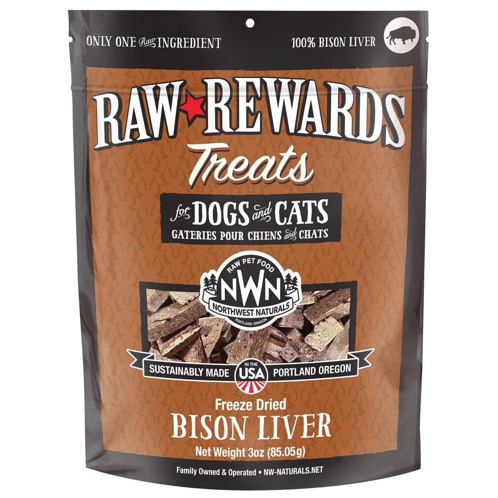 Northwest Naturals Raw Rewards bison liver treats packaging for travel-friendly rewards.