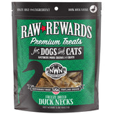 Northwest Naturals Raw Rewards duck neck whole neck in bowl, grain-free single-ingredient treat for dogs and cats.