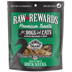 Northwest Naturals Raw Rewards duck neck whole neck in bowl, grain-free single-ingredient treat for dogs and cats.