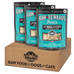 Northwest Naturals Raw Rewards freeze-dried chicken treats in 3-pack for training rewards.
