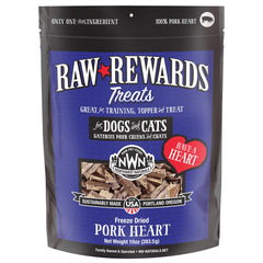 Northwest Naturals Raw Rewards freeze-dried pork heart pack front shows sturdy resealable bag for travel.