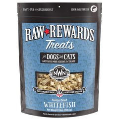Northwest Naturals Raw Rewards whitefish treats packaging signals USA-made safety for pets.