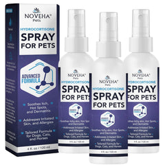 NOVEHA hydrocortisone spray bottle for pets promotes skin comfort.
